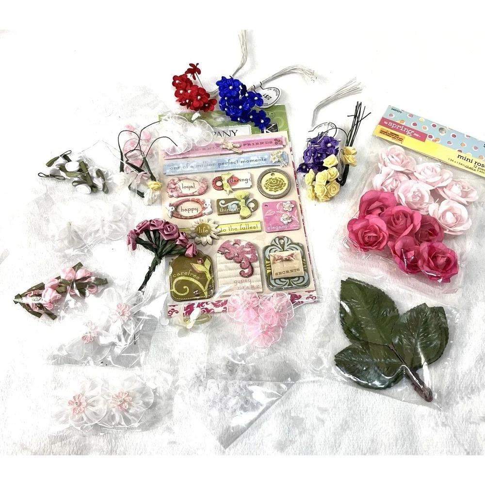 Craft Lot Floral Embellishments Roses Leaves Lace Scrapbooking Cardmaking Mixed